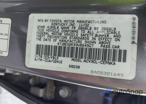 2003 Toyota Camry Le from USA, damaged, VIN 4T1BE32K53U664507